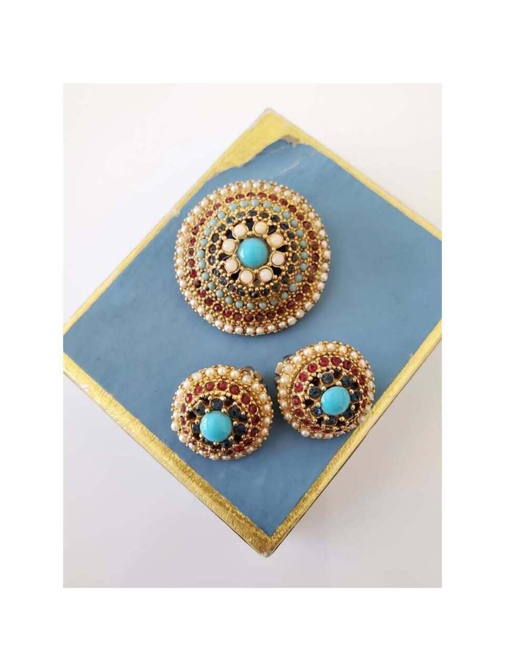 Vintage Art Designer Multicolor and Faux Pearl Dome Brooch & Clip On Earring Set